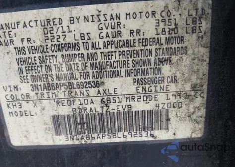 2011 Nissan Sentra 2.0Sr z USA, uszkodzony, nr VIN 3N1AB6AP5BL692536